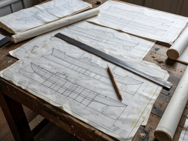 Large printed ship plans spread across a workbench with a steel rule and pencil