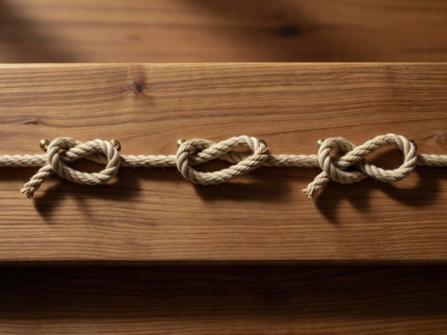 Close-up of a varnished knot board with natural hemp knots and small brass name plates