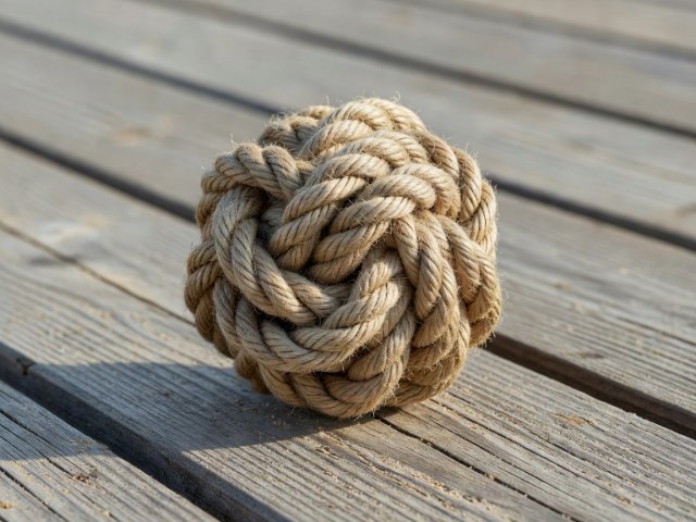 Tight round monkey's fist knot in natural rope resting on a wooden deck