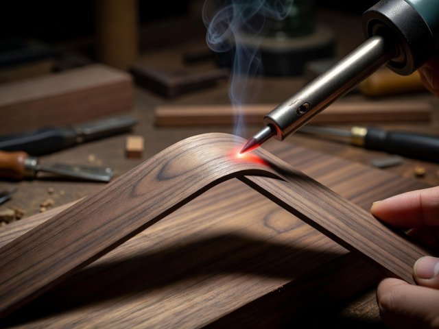 Thin walnut strip being curved around the hot tip of an electric plank bender