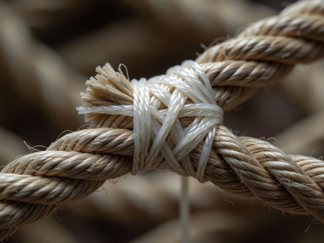 Rope end being whipped with waxed white thread, close-up with shallow focus