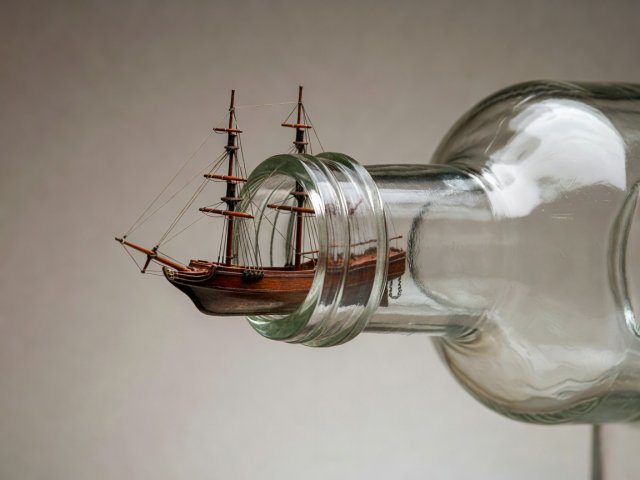 Small ship model with masts laid flat being eased through the neck of a clear glass bottle with long tweezers