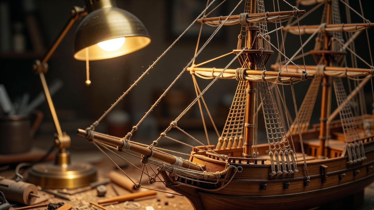 Model ship shrouds and ratlines lit by a warm desk lamp with the background softly blurred