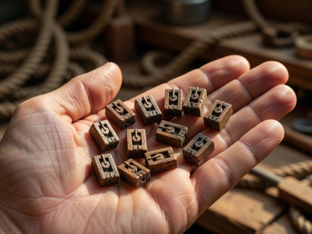 Handful of tiny wooden rigging blocks resting in an open palm