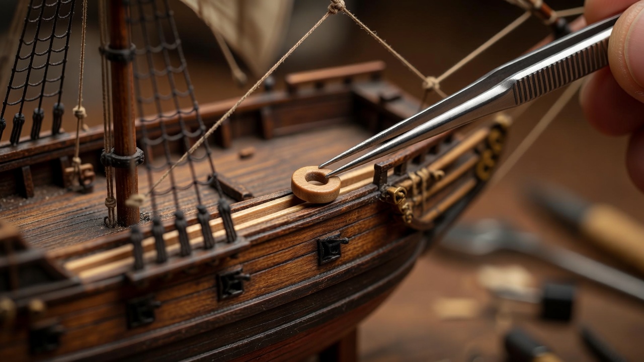 Fine steel tweezers placing a tiny wooden deadeye onto the channel of a model ship