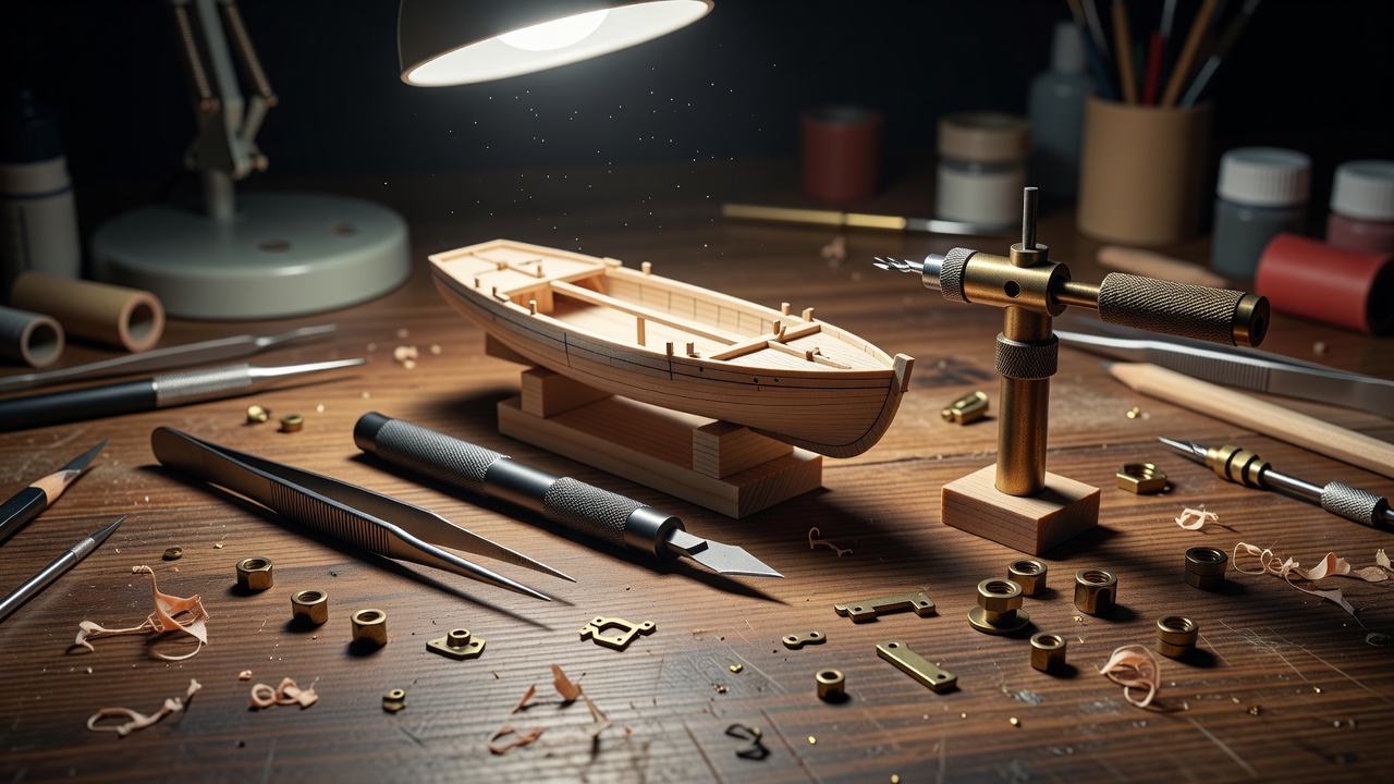 Workbench close-up with tweezers, a hobby knife, pin vise and small brass fittings beside a model hull